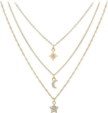 Dainty Layered Choker Necklaces Handmade Coin Tube Star Pearl Pendant Multilayer Adjustable Layering Chain Gold Plated Necklaces Set for Women Girls Moon Star Pendant necklace