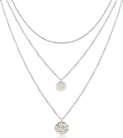 Dainty Layered Choker Necklaces Handmade Coin Tube Star Pearl Pendant Multilayer Adjustable Layering Chain Gold Plated Necklaces Set for Women Girls Silver-Full Moon&Disc