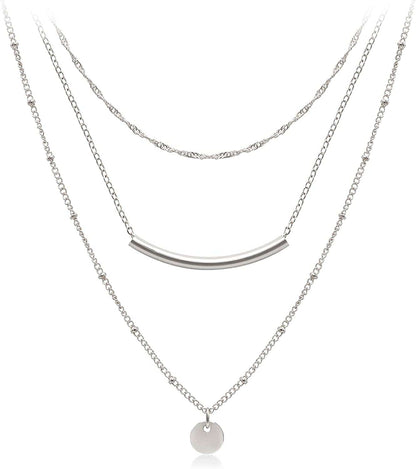 Dainty Layered Choker Necklaces Handmade Coin Tube Star Pearl Pendant Multilayer Adjustable Layering Chain Gold Plated Necklaces Set for Women Girls Silver-Coin&Bar Necklace