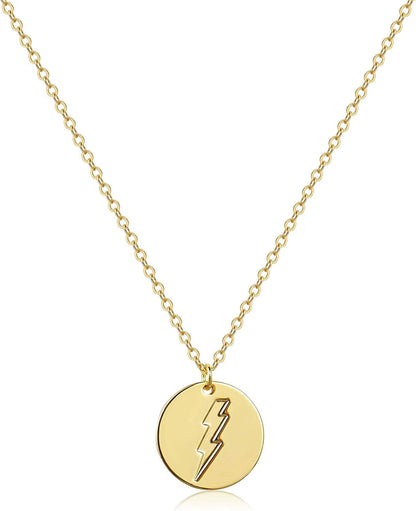 Dainty Weather Necklaces for Women, 14K Gold Plated Personalized Disc Rainbow Sun Star Moon Wave Compass Lightning Pendant for Women NK-Lightning