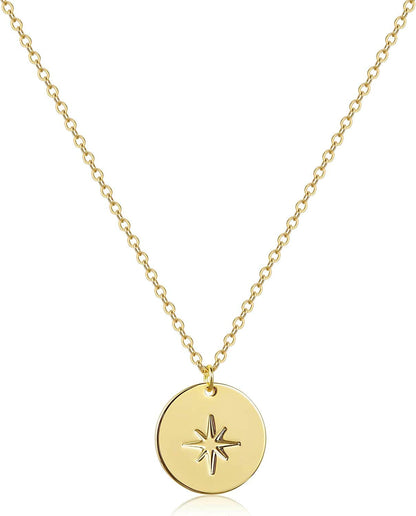 Dainty Weather Necklaces for Women, 14K Gold Plated Personalized Disc Rainbow Sun Star Moon Wave Compass Lightning Pendant for Women NK-Compass