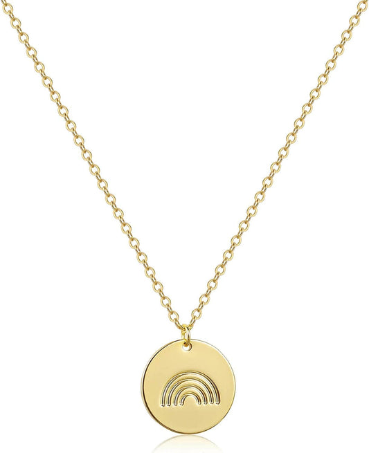 Dainty Weather Necklaces for Women, 14K Gold Plated Personalized Disc Rainbow Sun Star Moon Wave Compass Lightning Pendant for Women NK-Rainbow