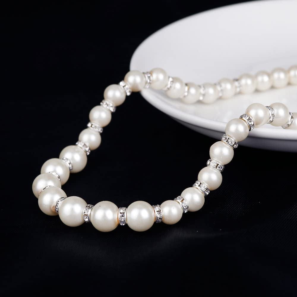 Danbihuabi Silver Plated Faux Pearl Necklace Earring Bracelet Jewelry Set Pearl Necklace Set (White3)