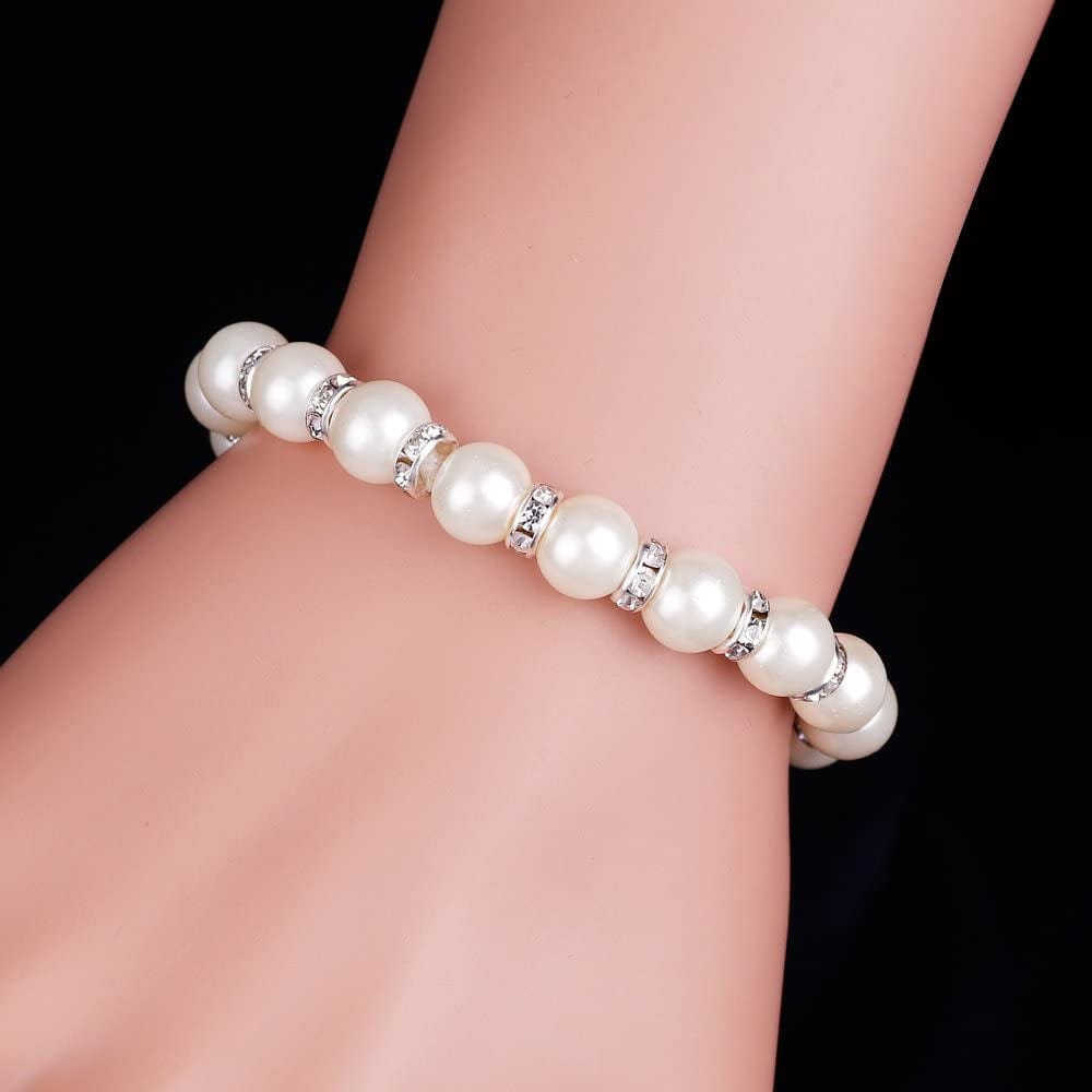 Danbihuabi Silver Plated Faux Pearl Necklace Earring Bracelet Jewelry Set Pearl Necklace Set (White3)