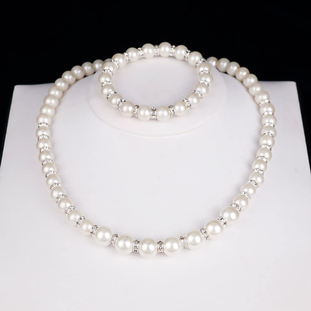 Danbihuabi Silver Plated Faux Pearl Necklace Earring Bracelet Jewelry Set Pearl Necklace Set (White3)