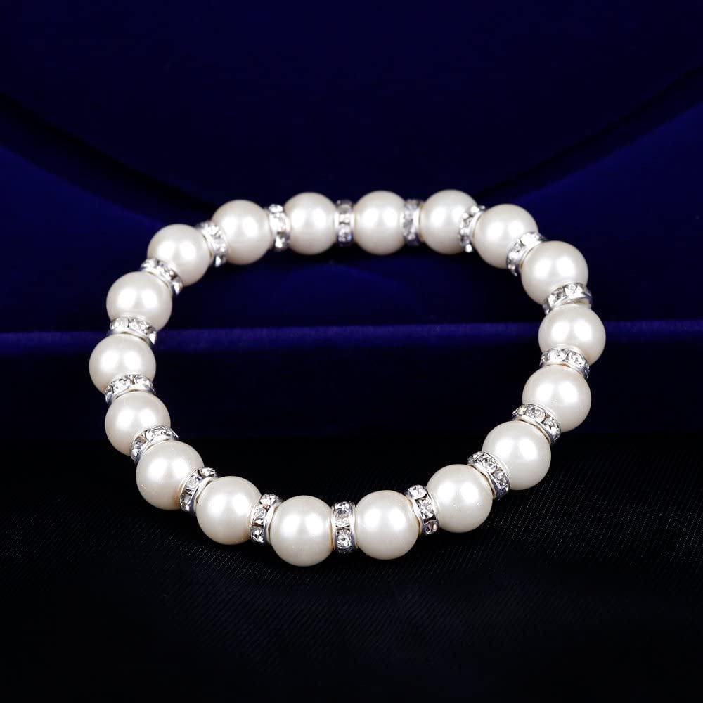 Danbihuabi Silver Plated Faux Pearl Necklace Earring Bracelet Jewelry Set Pearl Necklace Set (White3)