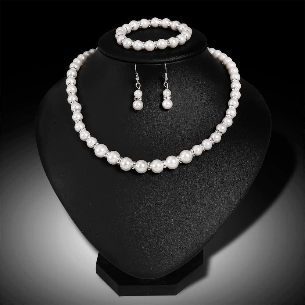Danbihuabi Silver Plated Faux Pearl Necklace Earring Bracelet Jewelry Set Pearl Necklace Set (White3)