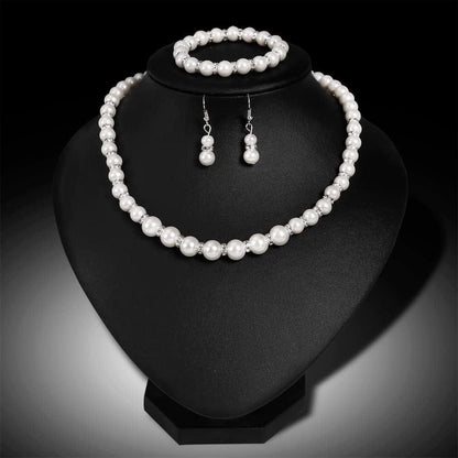 Danbihuabi Silver Plated Faux Pearl Necklace Earring Bracelet Jewelry Set Pearl Necklace Set (White3)