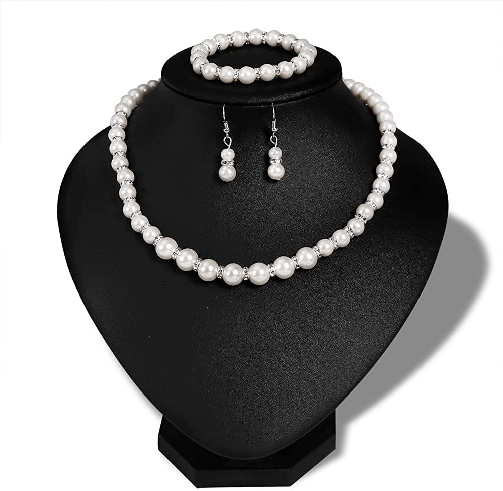 Danbihuabi Silver Plated Faux Pearl Necklace Earring Bracelet Jewelry Set Pearl Necklace Set (White3)