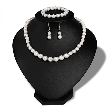 Danbihuabi Silver Plated Faux Pearl Necklace Earring Bracelet Jewelry Set Pearl Necklace Set (White3)