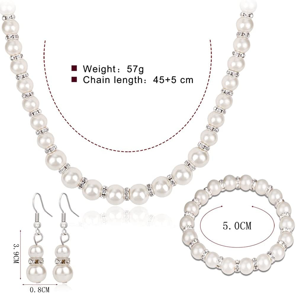 Danbihuabi Silver Plated Faux Pearl Necklace Earring Bracelet Jewelry Set Pearl Necklace Set (White3)