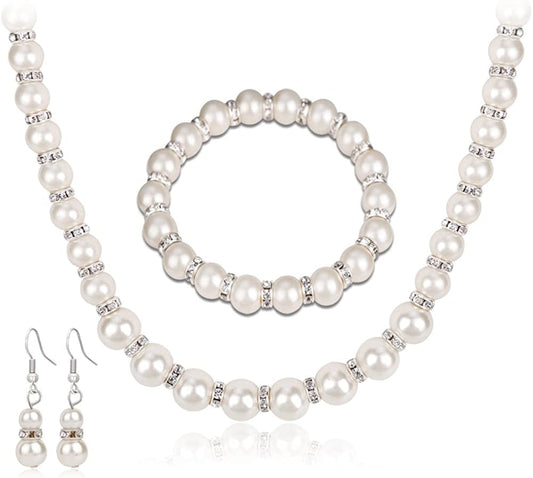 Danbihuabi Silver Plated Faux Pearl Necklace Earring Bracelet Jewelry Set Pearl Necklace Set (White3)