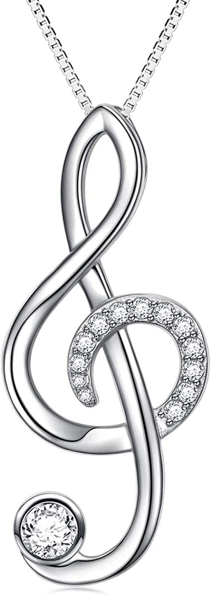 DAOCHONG (Musical Note Necklace Pendant) 925 Sterling Silver Jewelry for Women Teen Girls, 18 Inch 02_Treble Clef ( CZ )