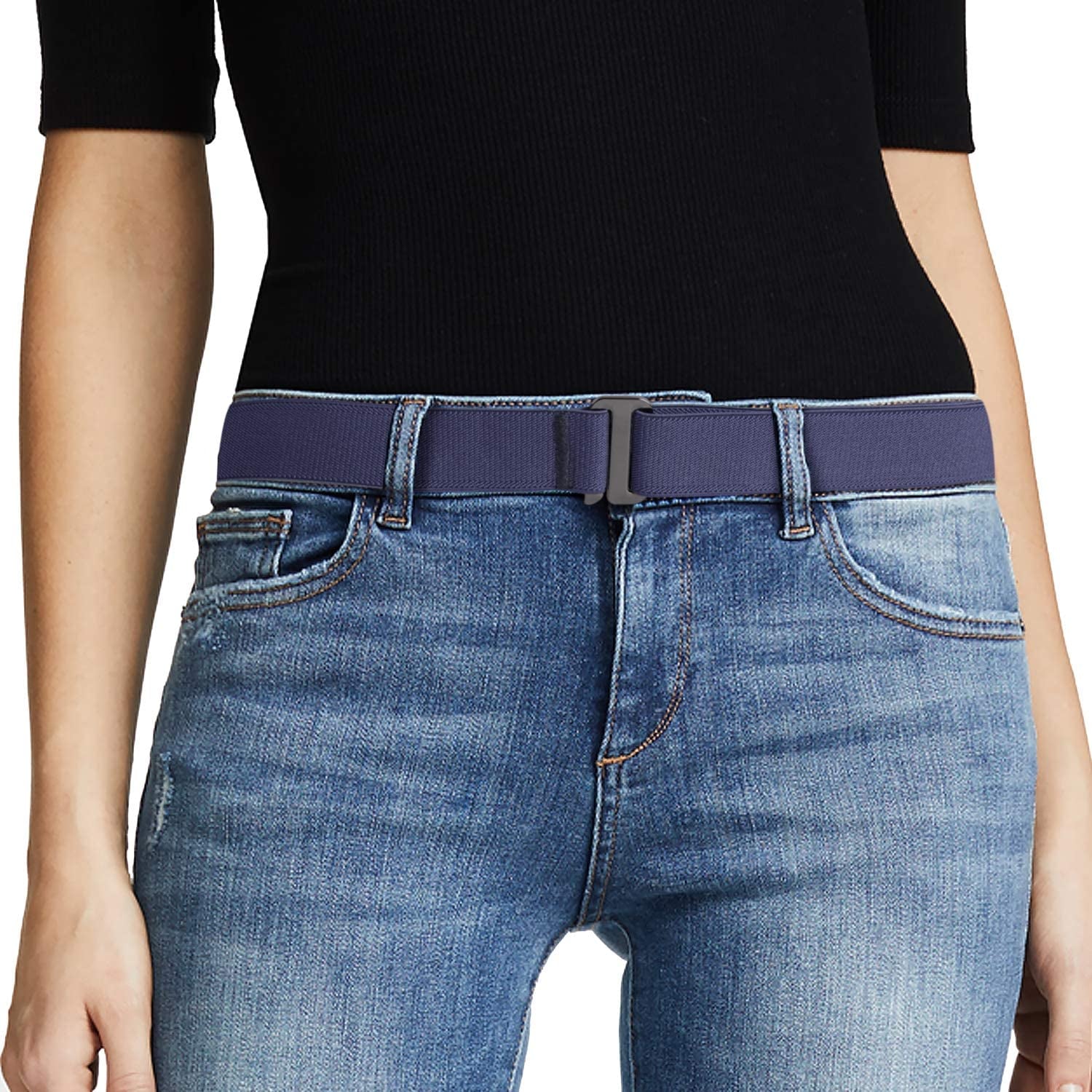 JASGOOD Women No Show Stretch Belt Invisible Elastic Web Strap Belt with Flat Buckle for Jeans Pants Dresses Apparel & Accessories > Clothing Accessories > Belts KYLIE MAX D-blue-guncolor Buckle Suit for US Size 16+ 