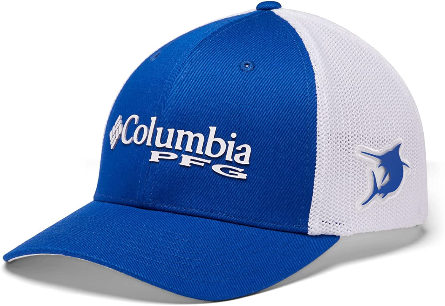 Columbia Women'S PFG Logo Mesh Ball Cap-High Crown Apparel & Accessories > Clothing Accessories > Hats Columbia Blue Macaw, White, Marlin Small-Medium 