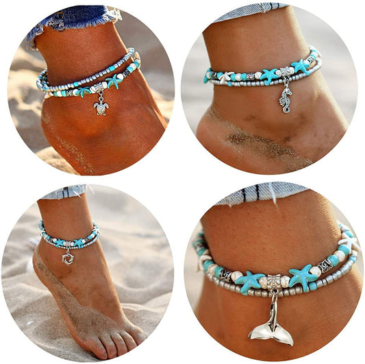 Starain Blue Turtle Anklets for Women Girls Multilayer Beads Handmade Beach Ankle Bracelet Set Boho Foot Jewelry Apparel & Accessories > Jewelry > Anklets Starain 4 Pcs Anklet Set  