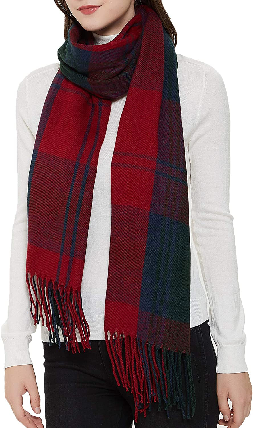 Wander Agio Women'S Fashion Long Shawl Big Grid Winter Warm Lattice Large Scarf Apparel & Accessories > Clothing Accessories > Scarves & Shawls Wander Agio Wine Red 4  