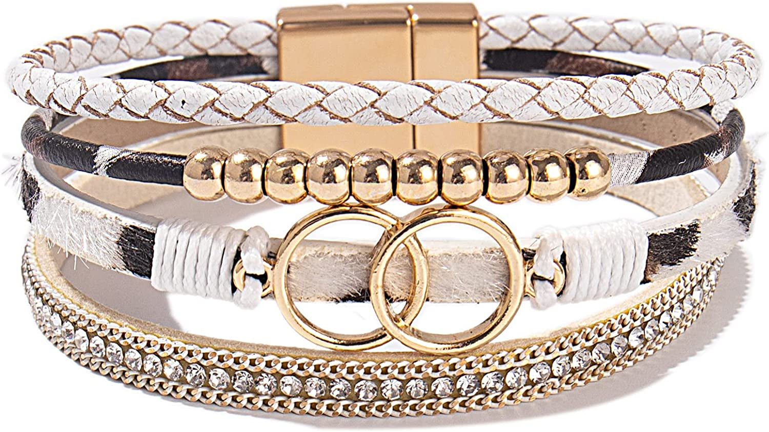 FANCY SHINY Boho Wrap Bracelets Leather Cuff Bangle Gold Beaded Bracelets for Women Stackable Infinity Bracelets Jewelry with Clasp Apparel & Accessories > Jewelry > Bracelets FANCY SHINY White Leopard  
