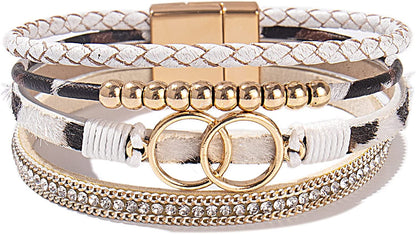 FANCY SHINY Boho Wrap Bracelets Leather Cuff Bangle Gold Beaded Bracelets for Women Stackable Infinity Bracelets Jewelry with Clasp Apparel & Accessories > Jewelry > Bracelets FANCY SHINY White Leopard  