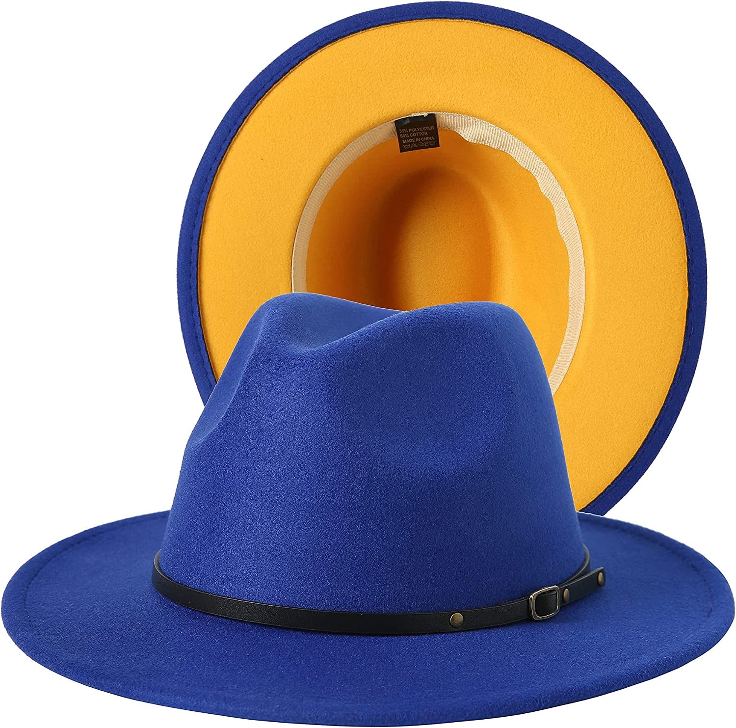 JOYEBUY Women Lady Two Tone Wide Brim Panama Hat Patchwork Colors Classic Fedora Hat with Belt Buckle Apparel & Accessories > Clothing Accessories > Hats JOYEBUY Royal Blue/Yellow One Size 