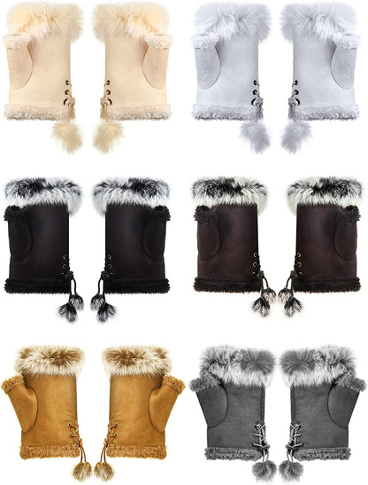 SATINIOR 6 Pairs Women Faux Rabbit Fur Gloves Fingerless Winter Gloves Mittens Warm Gloves Stretchy Hand Wrist Warmers Gloves Half Gloves for Women Girls Teen Working Writing Apparel & Accessories > Clothing Accessories > Gloves & Mittens SATINIOR   