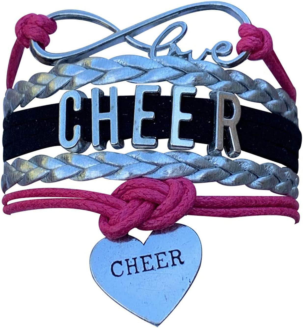Cheer Charm Bracelet- Girls Infinity Love Adjustable Cheerleading Jewelry in Team Colors for Cheerleaders Apparel & Accessories > Jewelry > Bracelets Sportybella Pink/Black/Silver  