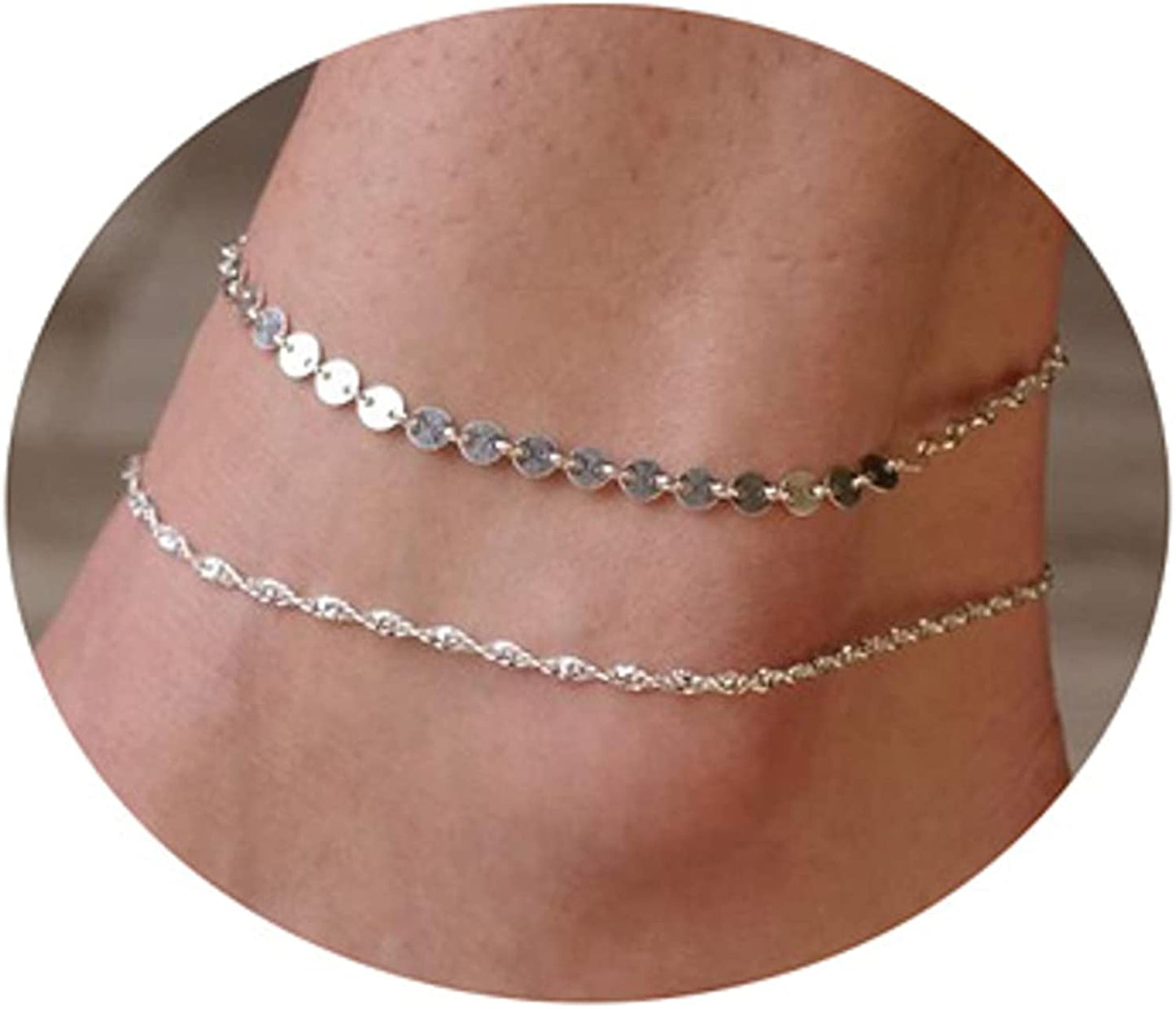 Pencros Dainty Layered Anklet,14K Gold Filled Cute Beads Satellite Chain Heart Boho Adjustable Anklets for Women Teen Girls Apparel & Accessories > Jewelry > Anklets Pencros coin-silver  