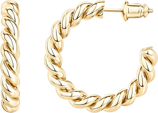 PAVOI 14K Gold Plated 925 Sterling Silver Twisted Rope round Hoop Earrings in Rose Gold, White Gold and Yellow Gold Apparel & Accessories > Jewelry > Earrings PAVOI Plated - Yellow 25.0 Millimeters 
