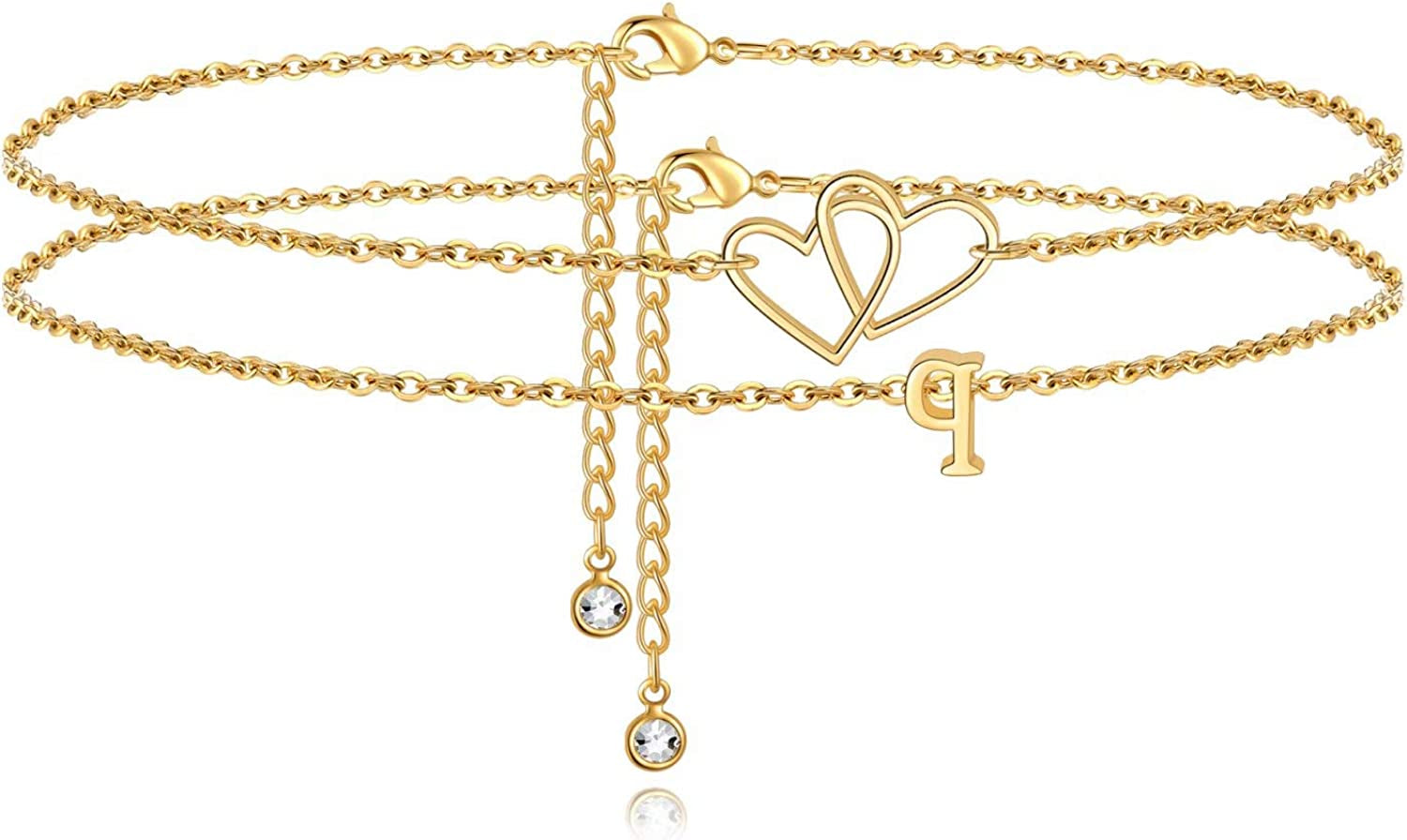Turandoss Initial Heart Ankle Bracelets for Women, 14K Gold Filled Handmade Layered Initial Anklet Letter Two Heart Ankle Bracelets for Women Girls Beach Jewelry Apparel & Accessories > Jewelry > Anklets Turandoss Q  