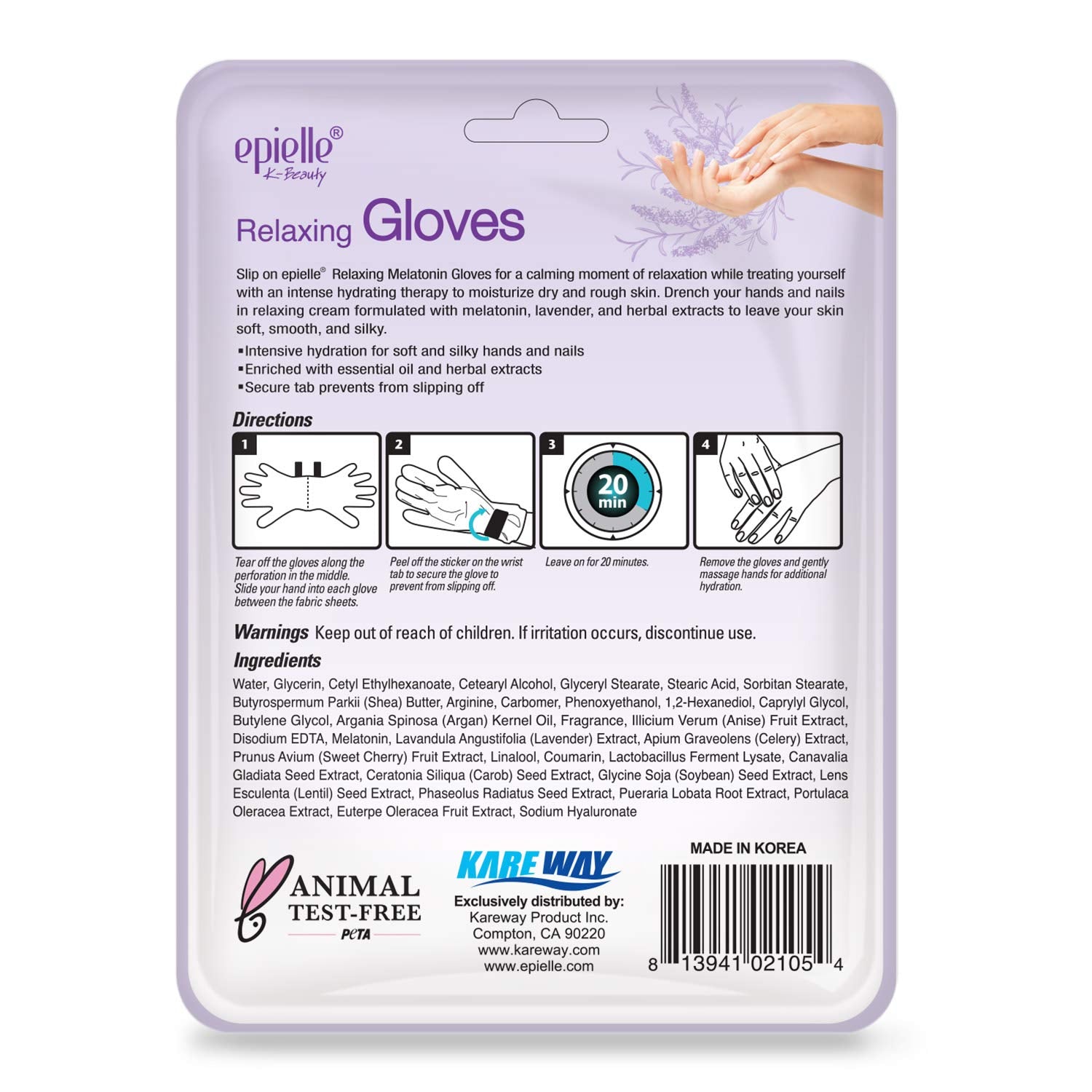 Epielle Relaxing Hand Masks Melatonin + Lavender Extract Deep Moisturizing 100% Vegan & Cruelty-Free (Gloves 6Pk) for Dry Hand Spa Masks Health & Beauty > Personal Care > Foot Care Epielle   