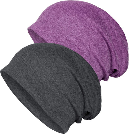 Senker Fashion 2 Pack Cotton Slouchy Beanie Hats, Chemo Headwear Caps for Women and Men Apparel & Accessories > Clothing Accessories > Headwear Senker Fashion Dark Grey/Purple  