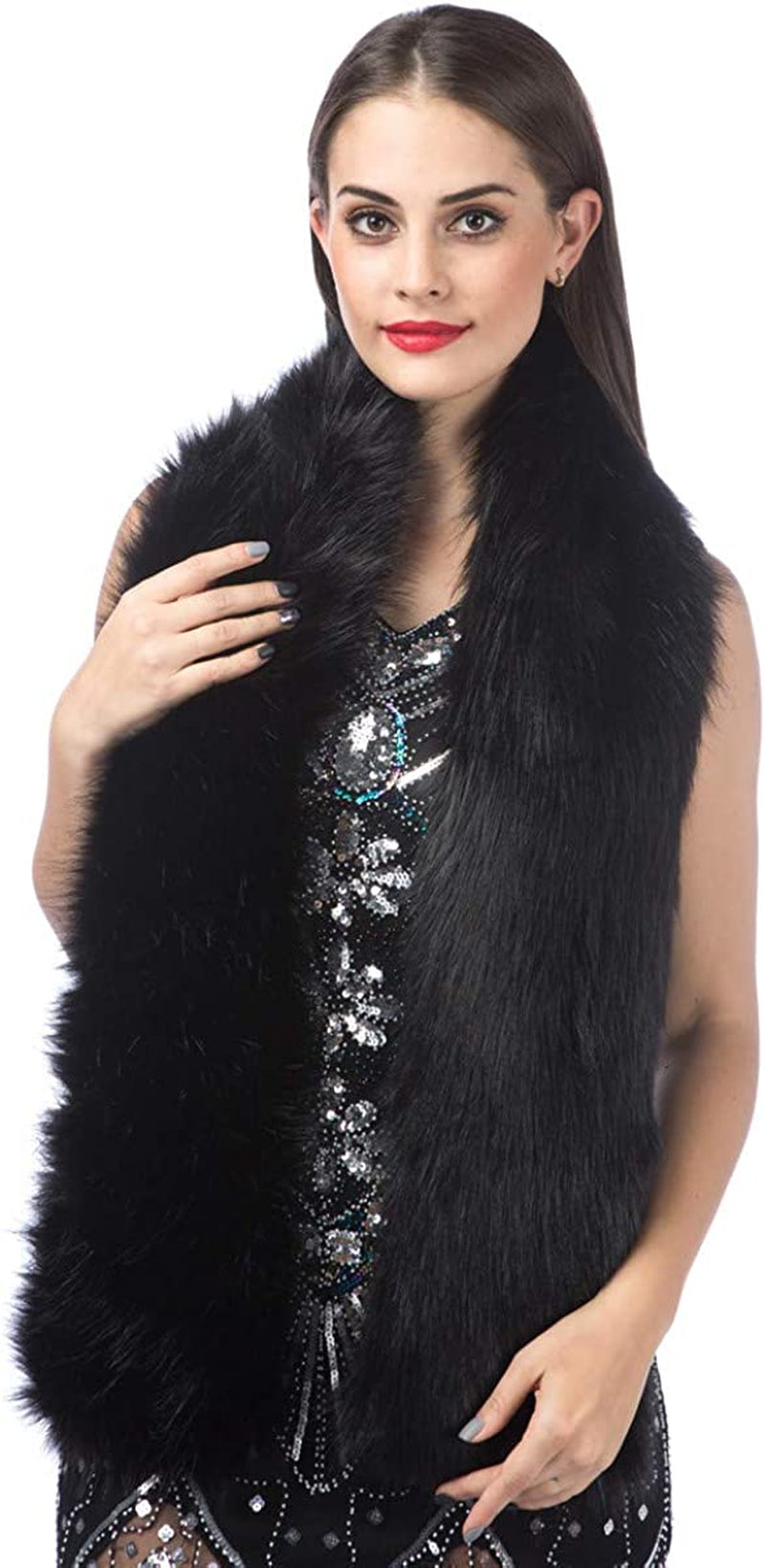 Lucky Leaf Women Luxurious Large Winter Faux Fur Scarf Wrap Collar Shrug for Lady Poncho Wedding Dinner Party Apparel & Accessories > Clothing Accessories > Scarves & Shawls Lucky Leaf L-black  