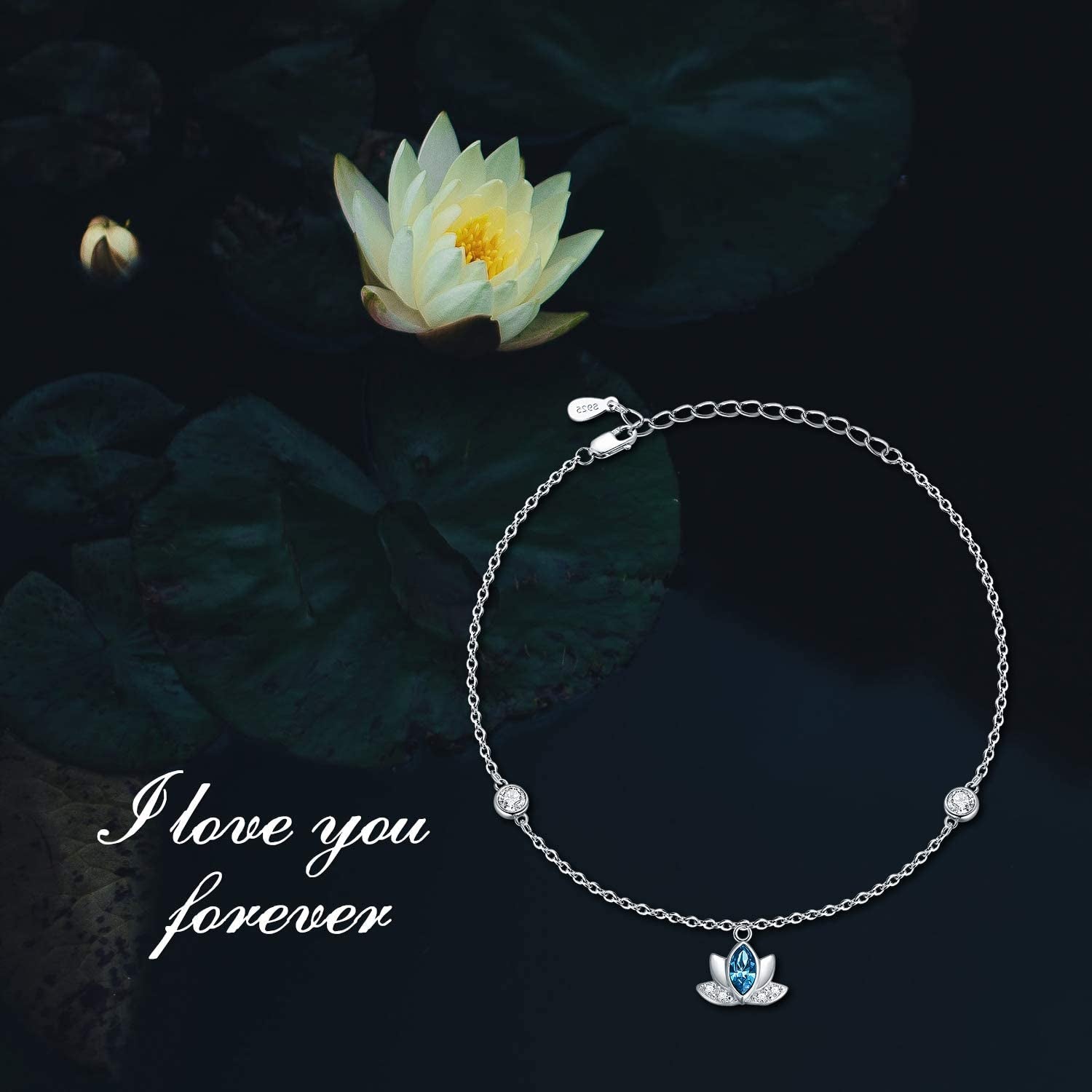Lotus Anklets for Women Sterling Silver Ankle Bracelets with Blue Crystals 9''+2'' Apparel & Accessories > Jewelry > Anklets AOBOCO   