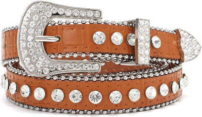 Men Women Fashion Rhinestone Belt SUOSDEY Western Cowgirl Bling Studded Design Leather Diamond Belt for Jeans Dress Apparel & Accessories > Clothing Accessories > Belts SUOSDEY 13:brown S：fits waist size 28''-32'' 