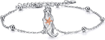 ONEFINITY Beads Anklet Sterling Silver Dragonfly/Sunflower/Sloth/Otter/Butterfly Ankle Bracelets Jewelry for Women Girls Gifts Apparel & Accessories > Jewelry > Anklets ONEFINITY otter beads anklet  