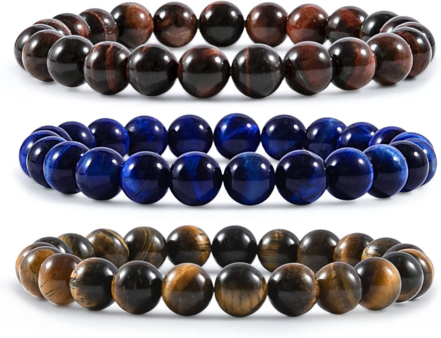 Bivei Natural Gem Semi Precious Reiki Healing Crystals Handmade 8Mm round Beads Stretch Bracelet Apparel & Accessories > Jewelry > Bracelets Bivei 3PCS SET(Blue/Yellow/Red Tiger Eye)  