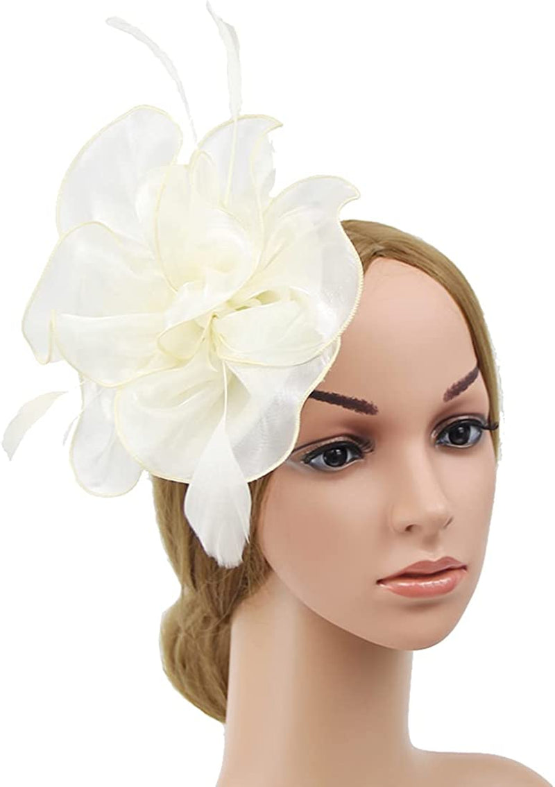 Women Flower Fascinator Hat Wedding Bridal Fascinators Tea Party Hat Feather Fascinator Headband Headwear for Evening Church Apparel & Accessories > Clothing Accessories > Headwear STbest Beige  