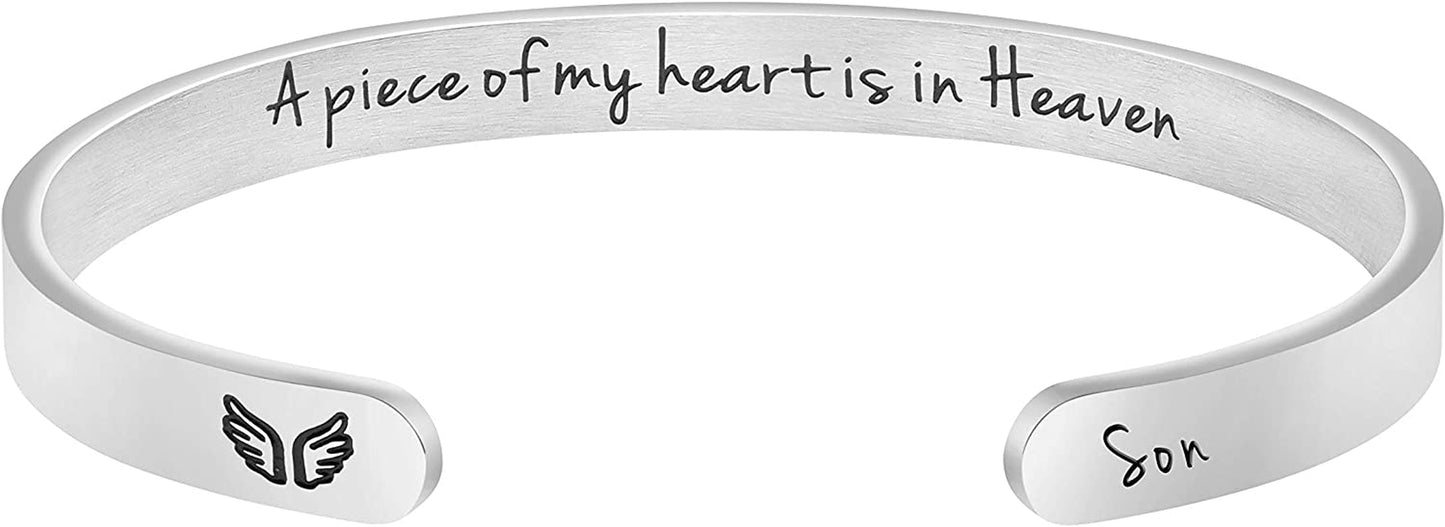 Joycuff Memorial Gifts for Women Inspirational Cuff Bracelet Sympathy Jewelry Loss of Loved One Sympathy Gifts Remember Her Apparel & Accessories > Jewelry > Bracelets JoycuFF A piece of my heart is in heaven--Son  