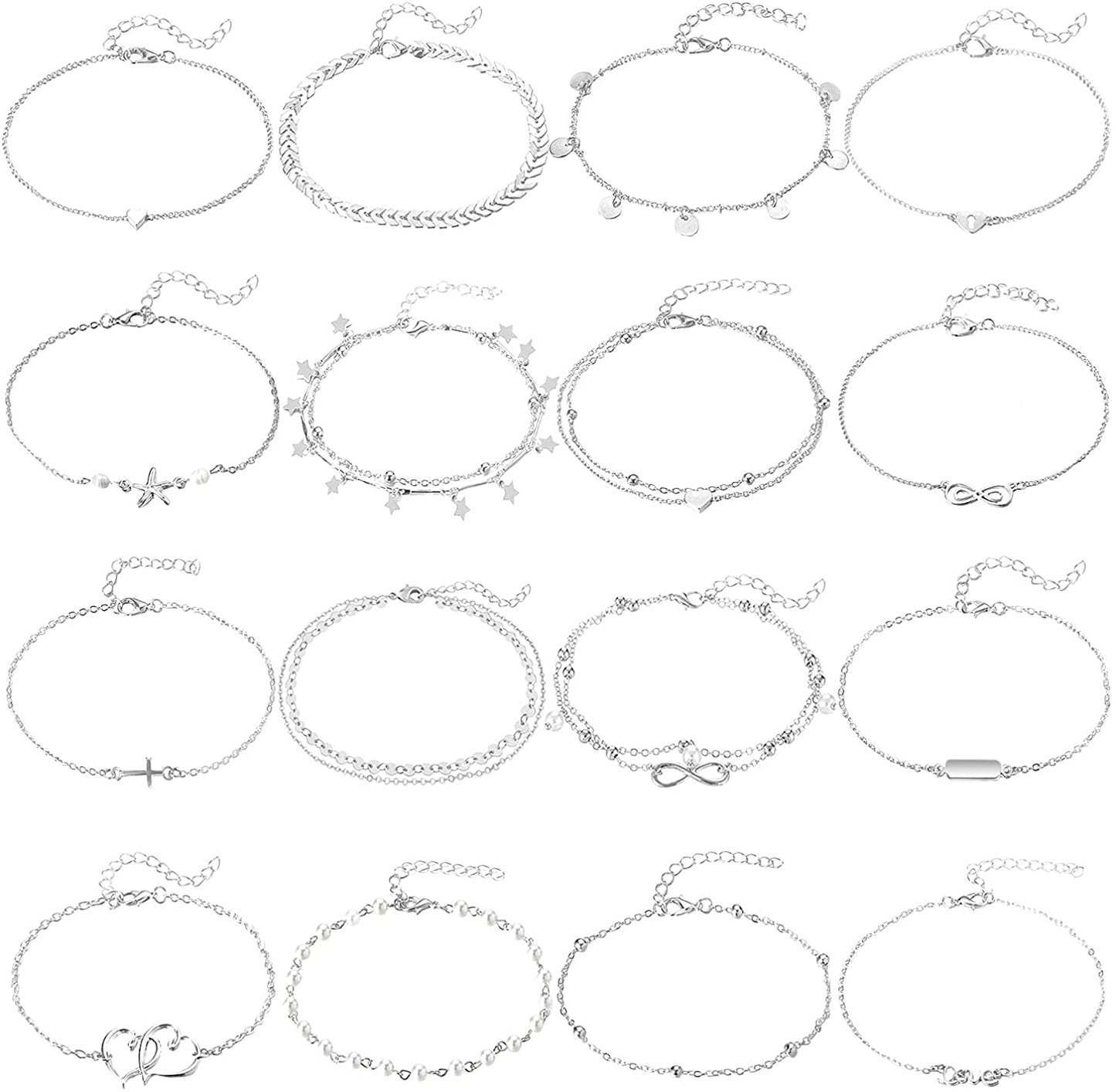 FUNEIA 12/16Pcs Anklets for Women Silver Gold Ankle Bracelets Set Boho Layered Beach Adjustable Chain Anklet Foot Jewelry Apparel & Accessories > Jewelry > Anklets Anlsen G:16Pcs Silver  