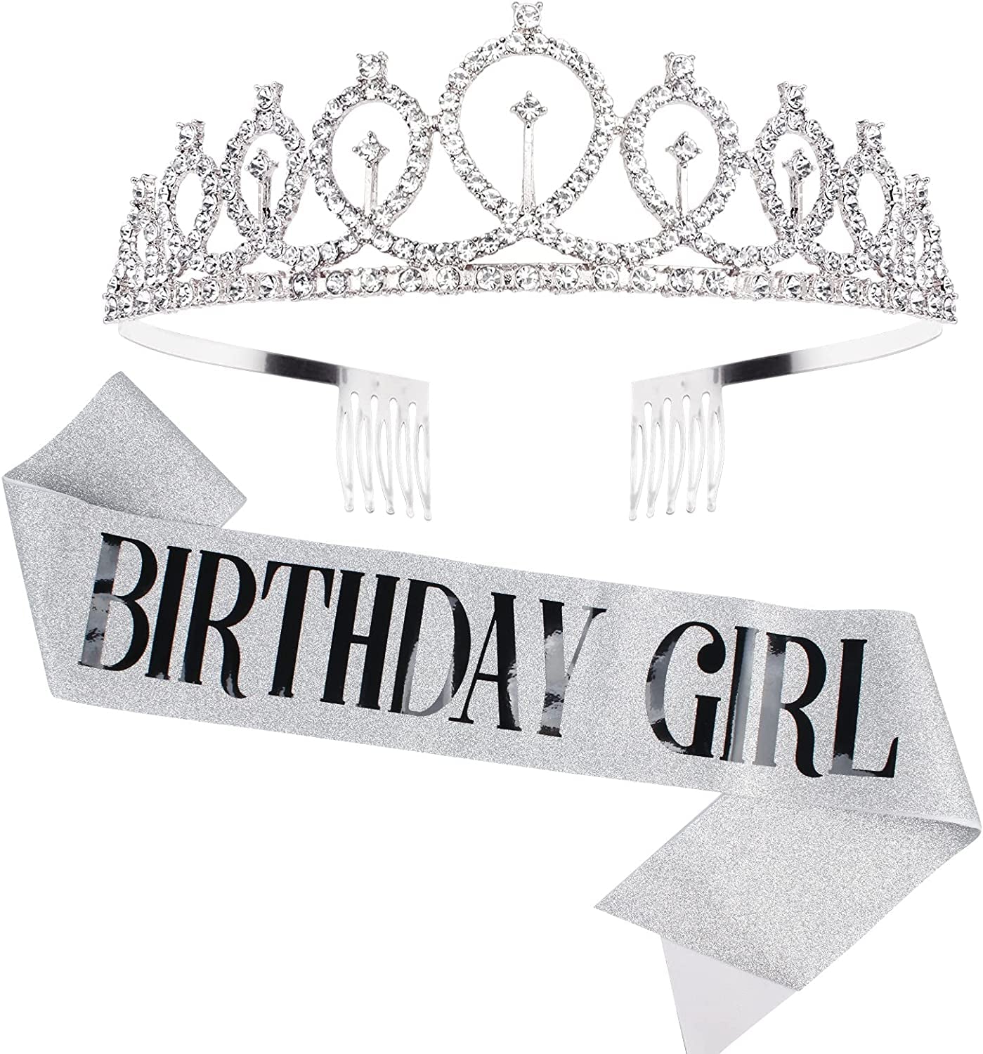 CAVETEE Birthday Crowns for Women Birthday Girl Sash & Rhinestone Tiara Set Birthday Tiaras and Sash for Women Birthday Glitter Birthday Decorations Rose Gold Birthday Girl Crowns Tiaras for Women Apparel & Accessories > Clothing Accessories > Sashes CAVETEE Silver  