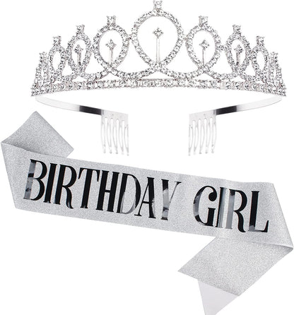 CAVETEE Birthday Crowns for Women Birthday Girl Sash & Rhinestone Tiara Set Birthday Tiaras and Sash for Women Birthday Glitter Birthday Decorations Rose Gold Birthday Girl Crowns Tiaras for Women Apparel & Accessories > Clothing Accessories > Sashes CAVETEE Silver  