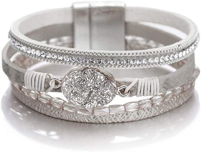 Fesciory Leopard Bracelet for Women Wrap Multi-Layer Leather Bracelet Magnetic Clasp Cuff Bangle Jewelry Apparel & Accessories > Jewelry > Bracelets Fesciory B19-Silver Stone(Short)  