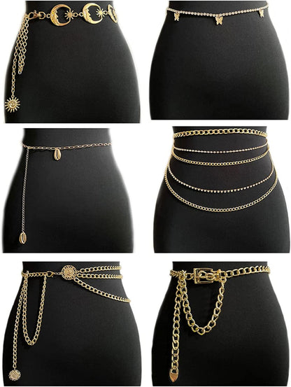 Tornito 5-6Pcs Boho Multilayer Coins Waist Chain Butterfly Sunflower Disc Golden Waist Belt Tassel Chest Sexy Body Belly Chain Double O Ring Summer Beach Bikini Bra Chain Adjustable Body Harness for Women Girls Apparel & Accessories > Jewelry > Body Jewelry Tornito C:6 Pcs(Butterfly)  