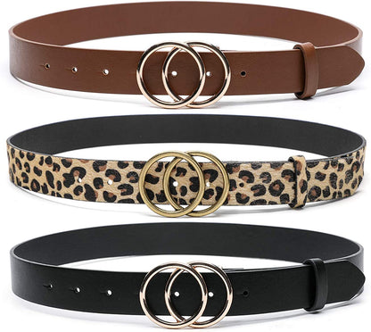 MORELESS 3 Pack Women'S Faux Leather Belts for Jeans Dress Pants, Fashion Waist Belts with Double O-Ring Buckle Apparel & Accessories > Clothing Accessories > Belts MORELESS Black+ Brown+leopard Suit waistline 27"-30" 
