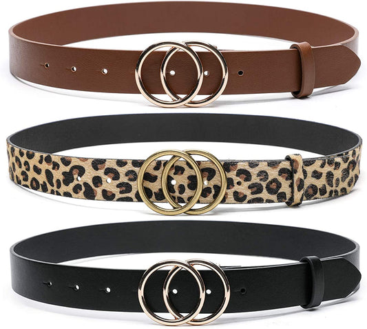 MORELESS 3 Pack Women'S Faux Leather Belts for Jeans Dress Pants, Fashion Waist Belts with Double O-Ring Buckle Apparel & Accessories > Clothing Accessories > Belts MORELESS Black+ Brown+leopard Suit waistline 27"-30" 