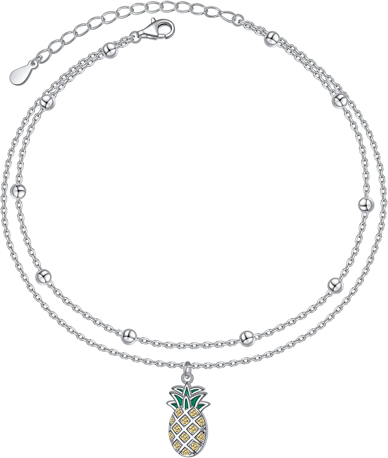 Flyow Anklet for Women S925 Sterling Silver Adjustable Foot Beaded Heart Charm Ankle Bracelet Anklets Jewelry Apparel & Accessories > Jewelry > Anklets FLYOW pineapple  