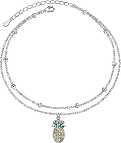 Flyow Anklet for Women S925 Sterling Silver Adjustable Foot Beaded Heart Charm Ankle Bracelet Anklets Jewelry Apparel & Accessories > Jewelry > Anklets FLYOW pineapple  