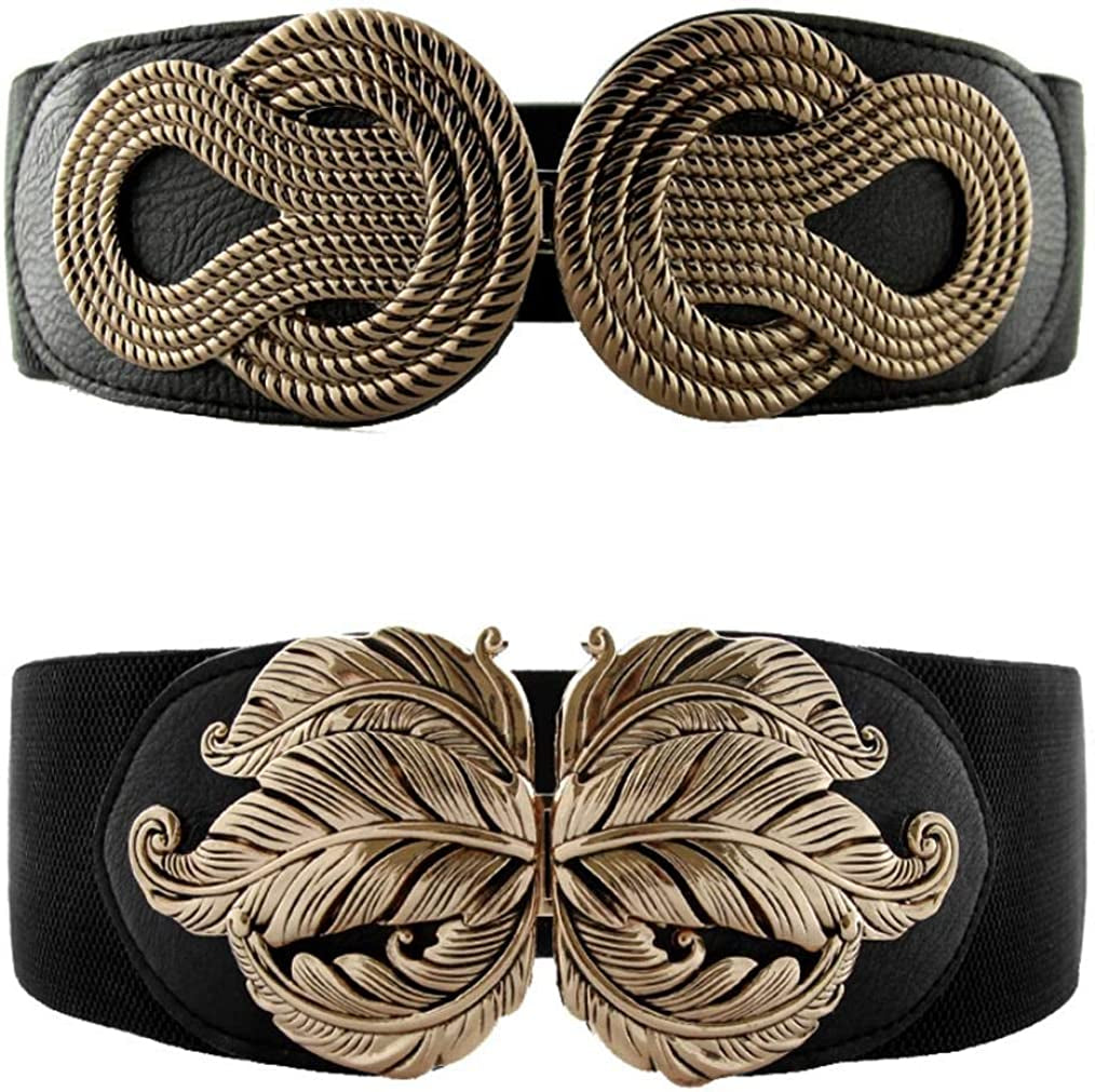 VOCHIC 2Pcs Vintage Basic Stretchy Elastic Wide Waist Belt for Womens Dress Metal Interlock Buckle Apparel & Accessories > Clothing Accessories > Belts VOCHIC Black+black(leaf Buckle) XL(30"-44") 