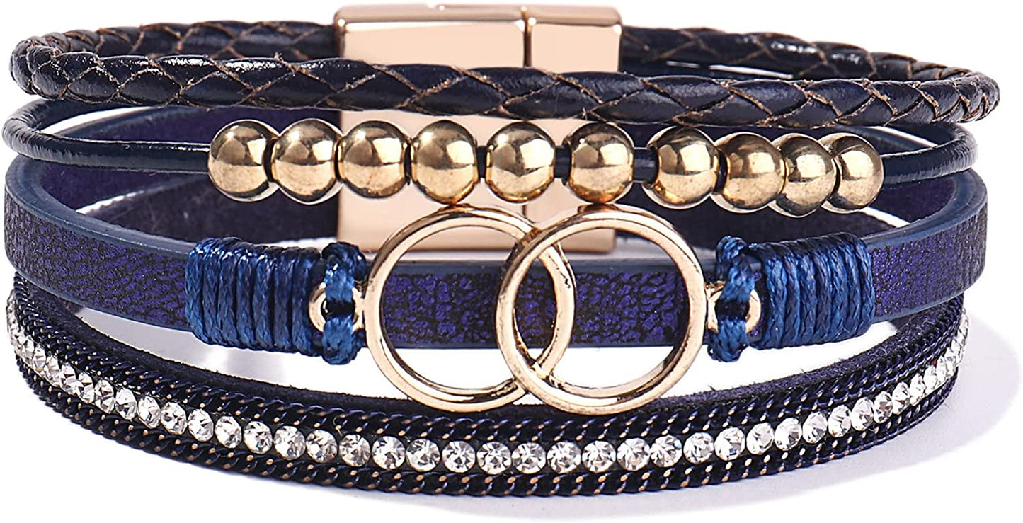 FANCY SHINY Boho Wrap Bracelets Leather Cuff Bangle Gold Beaded Bracelets for Women Stackable Infinity Bracelets Jewelry with Clasp Apparel & Accessories > Jewelry > Bracelets FANCY SHINY Navy Blue  