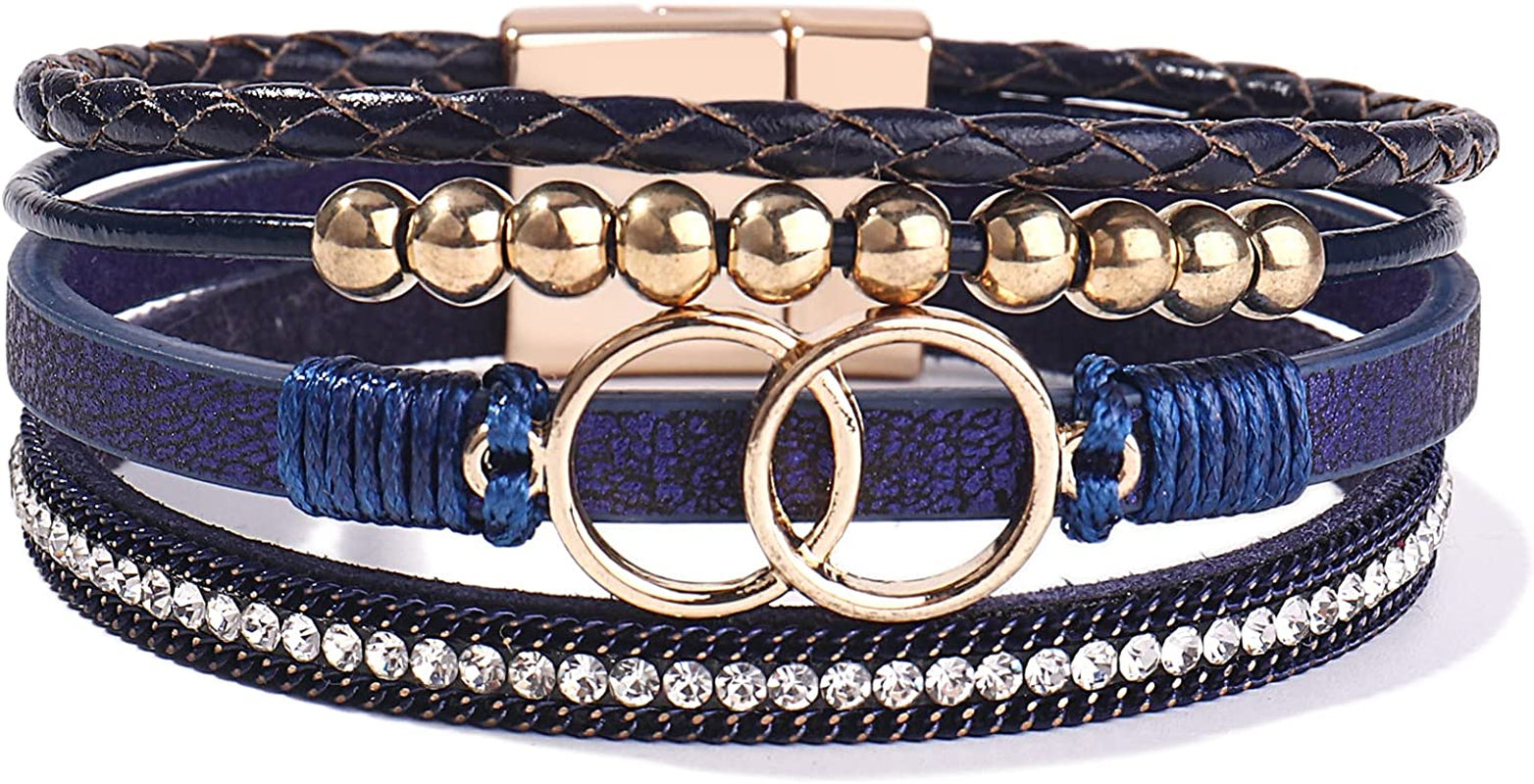 FANCY SHINY Boho Wrap Bracelets Leather Cuff Bangle Gold Beaded Bracelets for Women Stackable Infinity Bracelets Jewelry with Clasp Apparel & Accessories > Jewelry > Bracelets FANCY SHINY Navy Blue  